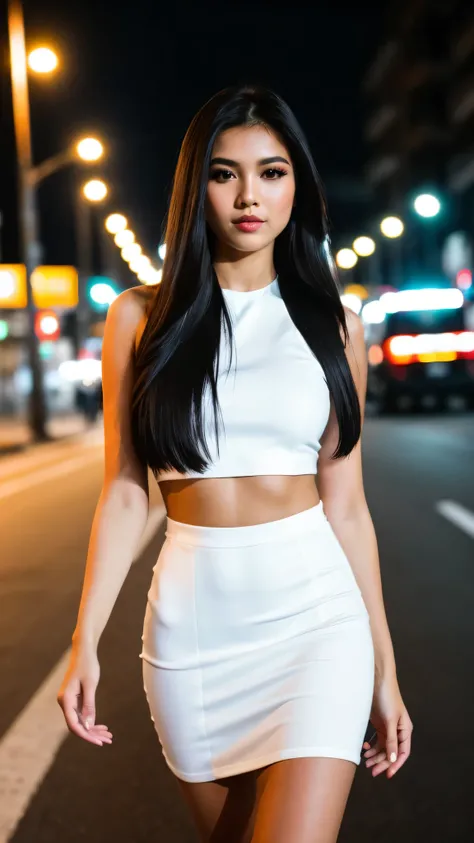 Beautiful girl walking in the street at night wearing white crop hot  model dress glamour photoshoot, beautiful face, walking towards camera black long hair, (Eye makeup:1.1), (highly detailed skin:1.1), RAW, analog style, sharp focus, 8k UHD, DSLR, high q...