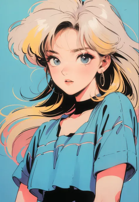 muted pastel colors, Retro anime, аниме 1990-х, 1980s anime, brushstrokes, Anime style, 1 girl, 独奏, yellow hair strokes, kblack eyes, blue dress, upper-body, Big Face, Simple background