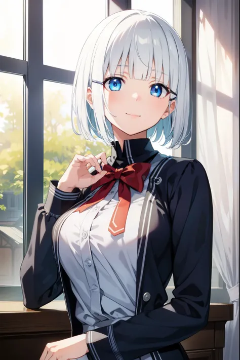 DetectiveSiesta, smile, short hair hair, explosions, eyes blue, shirt, hair decoration, long-sleeved, dress, bow, White hair, hairclip, blunt bangs, bowtie, red bow, x hair decoration, red necktie, Napping, (mediuml breasts:1.2), BREAK looking at viewer, B...