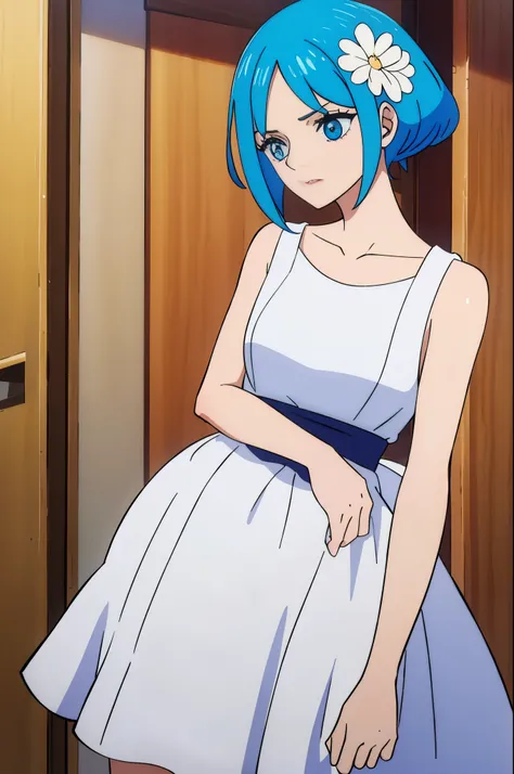 young woman, in a dress, Darling, Good-natured, blue hair