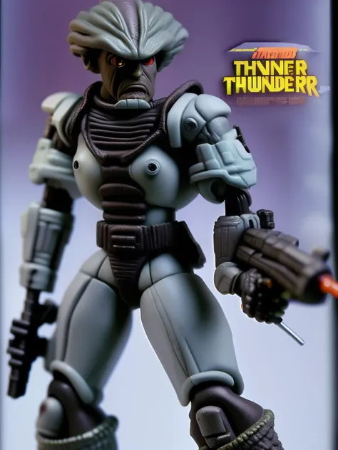 1989 "Thunder Guvernar" 2 action figure and high-tech bike packaging from action figure line based on Alien movie, package based on gray, action figure line based on Alien movie, outlaw spacefighter wearing big machinegun, 1989,