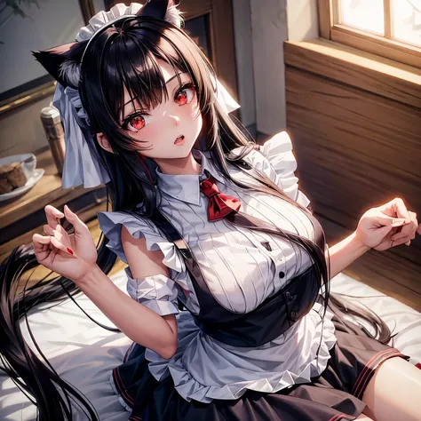 Anime girl with long black hair and red eyes, wearing cat ears and maid outfit

