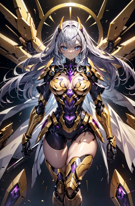 hyper quality、8K quality、High resolution、Image quality taken with a single-lens reflex camera、perfect anatomy、purple eyes、with an evil smile、a mecha girl、villain、silver hair、Combined robot design、beautiful girl、Mechanical parts with a three-dimensional fee...