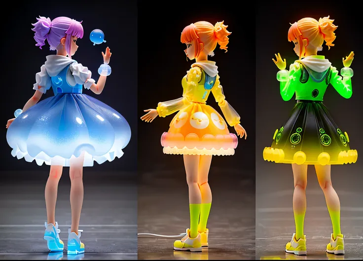 3d toy bubble gun girl shoots bubbles,(((multiple views of the same character)))，(full bady) ,chibi, fluorescent translucent, lu...