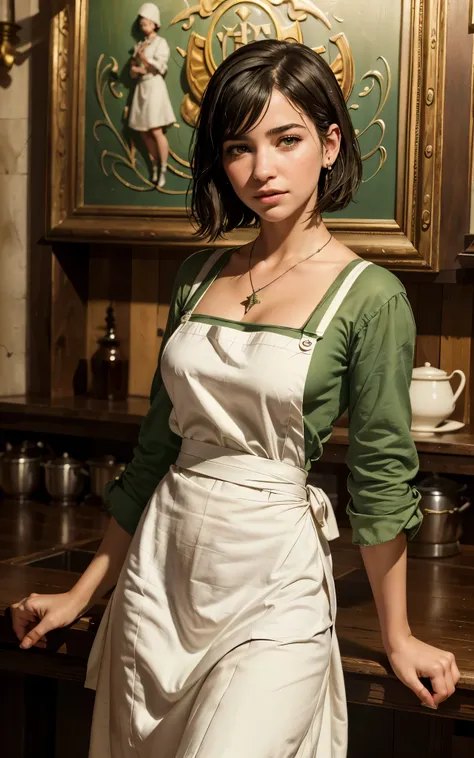 (Dua Lipa:Evangeline Lilly) waitress, ((white apron)), ((green shirt)), 1920 style, masterpiece, Lovecraft atmosphere, (pendant of a key), hyperdetailed, ((rule of thirds))