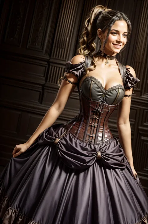 pony tails, corset, dress, choker, smiling, muted colors, cinematic, grain, sharp focus,, standing, centered
