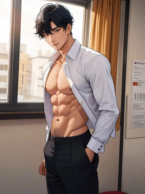 1 chico,, obra maestra,Mejor calidad, Gojo Satoru, school uniform that is open in the middle revealing his pecs and abs, cuello alto, pantalones negros