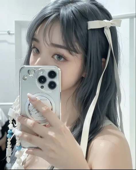 there is a woman taking a picture of herself in a mirror, Ulzzang, long white hair and bangs, silver hair (ponytail), Larisa Manobar, have long white hair, white bangs, cute aesthetic with flutter, hair whitebangs hair, Kim Do-young, silver, grey, Blue gra...