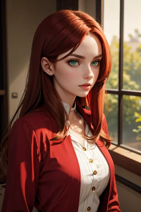 red middle length hair woman with green eyes in fine clothes