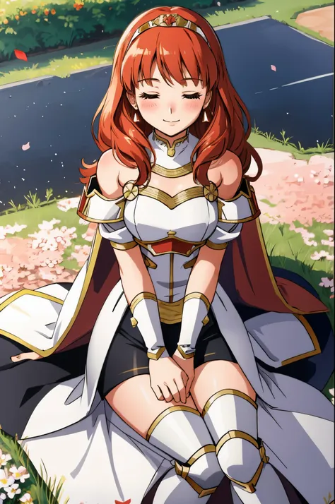 celica fe, 1girl, solo, looking at viewer, field background, (flowers), sitting, closed eyes, smile, blush, cape, armor, dress, ...