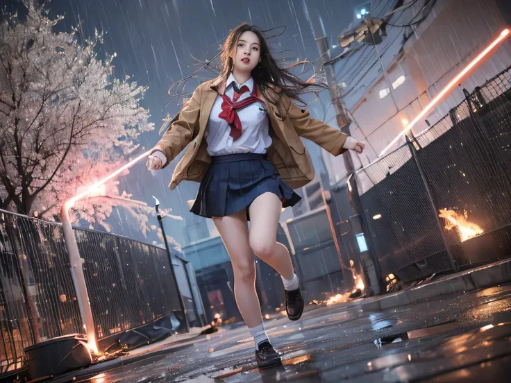 best image quality, movie lighting, octane rendering, super sharp, 1 girl, Japanese, 15 years old, troubled face, glowing skin, Detained fugitives, Running figure, brown hair, shortcut, (school uniform:1.3), cyber punk, Night sky with countless stars twink...