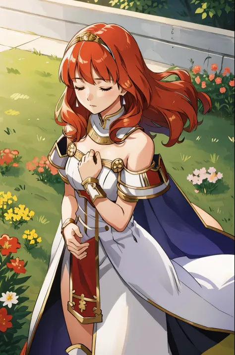 celica fe, 1girl, solo, head tilted upwards, field background, (flowers), standing, closed eyes, cape, armor, dress, tiara, bare shoulders, pelvic curtain, praying, hands held in prayer, upper body, cowboy shot