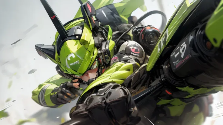 (ultra-detailed), mecha monkey, lime green, with 8k headset, hyper realistic, best quality, 8k, Masterpiece, high resolution