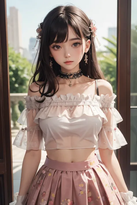 (best quality, masterpiece), 1girl, intricate details, off shoulder, skirt, choker, frills, see-through, looking at viewer, blush, upper body, blurry background, floral print, contrapposto