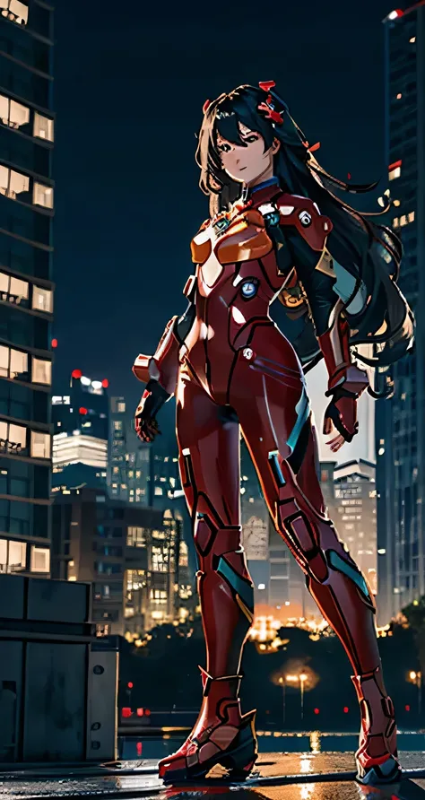 best quality, masterpiece, realistic, photorealistic, 1girl, solo, Raiden Mei, Honkai Impact 3rd, long black hair, looking at viewer, full body, standing, long hair, ironman armor, hovering, cosplay, plugsuit, bodysuit, hair ornament, detailed background, ...