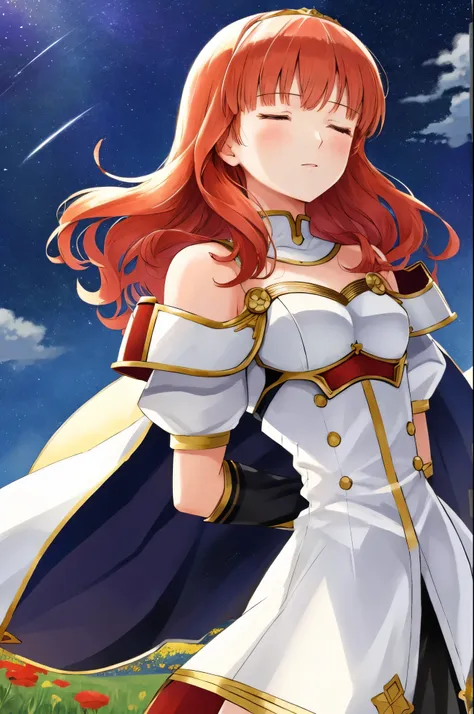 celica fe, 1girl, solo, head looking up at sky, field background, (flowers), standing, closed eyes, cape, armor, dress, tiara, b...