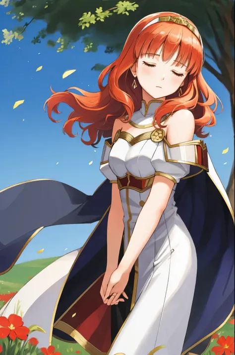 celica fe, 1girl, solo, head looking up at sky, field background, (flowers), standing, closed eyes, cape, armor, dress, tiara, bare shoulders, ppraying, hands held in prayer, upper body, cowboy shot, head tilted upwards