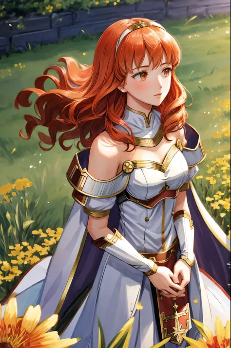 celica fe, 1girl, solo, head looking up at sky, field background, (flowers), standing, cape, armor, dress, tiara, bare shoulders...