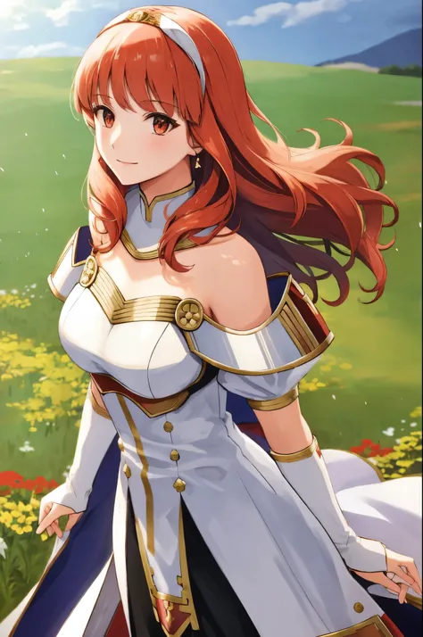 celica fe, 1girl, solo, field background, (flowers), standing, cape, armor, dress, tiara, bare shoulders, upper body, cowboy shot, smiling, looking at viewer