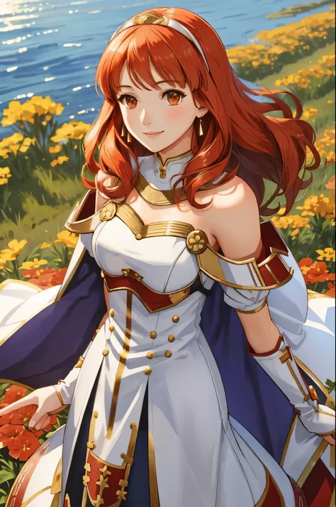 celica fe, 1girl, solo, field background, (flowers), standing, cape, armor, dress, tiara, bare shoulders, upper body, cowboy sho...