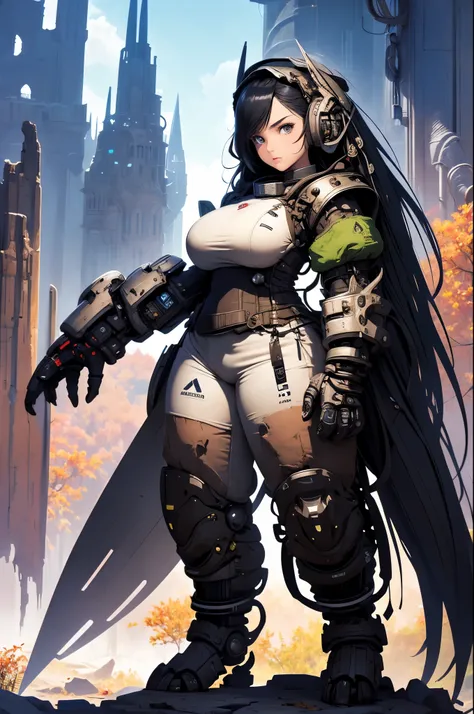 masterpiece, (1girl), extremely detailed female character, full body shot, best quality, dnd, dungeons and dragons, (curvy, athletic, pointy ears), (mechanical arms, Mecha), (magazine title, text), (magazine:1.3), medieval era, fantasy clothes, anime style...