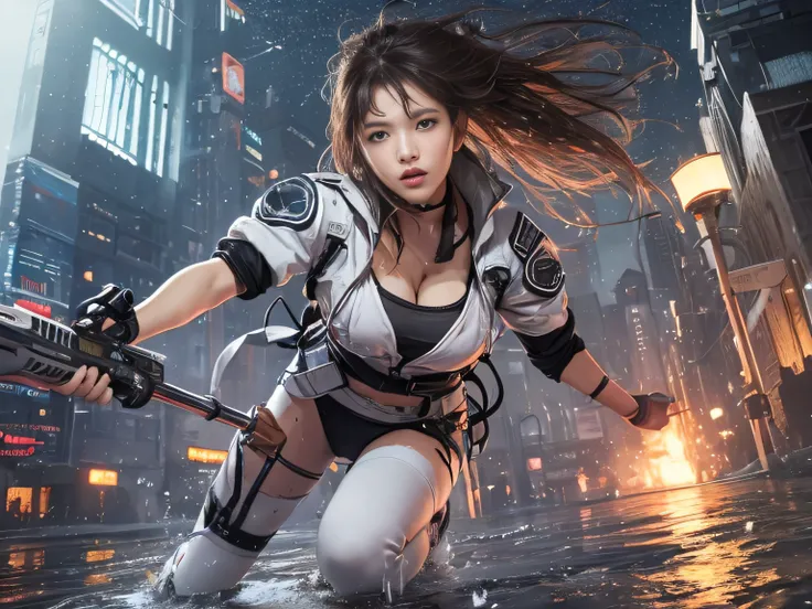 best image quality, movie lighting, octane rendering, super sharp, 1 girl, Japanese, 15 years old, troubled face, glowing skin, Detained fugitives, Running figure, brown hair, shortcut, Full body white pilot suit:1.3, cleavage, cyber punk, Night sky with c...