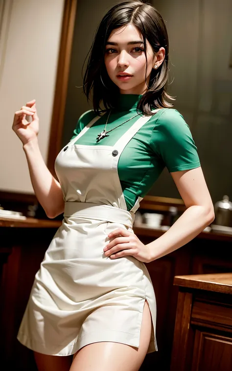 (Dua Lipa:Evangeline Lilly) waitress, ((white apron)), ((green shirt)), 1920 style, masterpiece, Lovecraft atmosphere, (pendant of a key), hyperdetailed, ((rule of thirds))