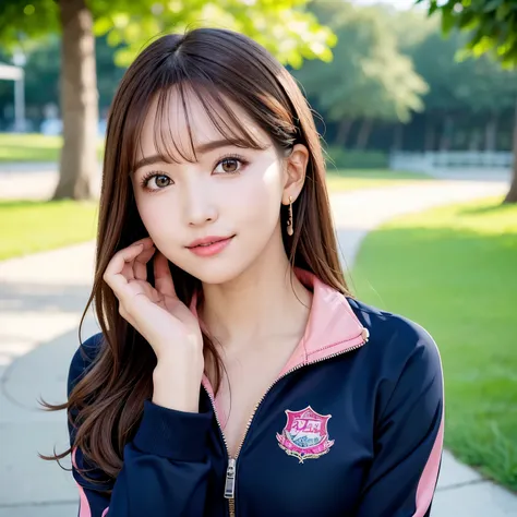 (highest quality、table top、8K、best image quality、Award-winning work)、one beautiful woman、Shining beautiful skin、(Tracksuit with navy accents on a pink base:1.2)、(Wear a tracksuit with the zipper wide open:1.2)、(the most stylish perfect tracksuit:1.1)、Shini...