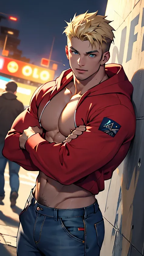 ((best quality)), ((Masterpiece)), (details), perfect face,high definition,Masterpiece,4k,detailsชัดเจน,Street Fighter 6,Ed,หน้าhandsome,white skin,blonde hair,perfect body,male body,strong muscles,Wavy abdominal muscles,Abs,blue eyes,white skin,Jeans,blac...