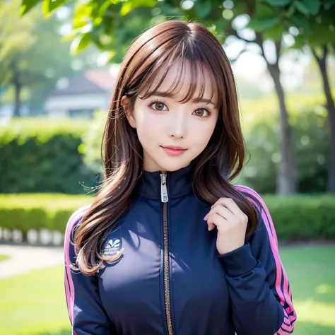 (highest quality、table top、8K、best image quality、Award-winning work)、one beautiful woman、Shining beautiful skin、(Tracksuit with navy accents on a pink base:1.2)、(Wear a tracksuit with the zipper wide open:1.2)、(the most stylish perfect tracksuit:1.1)、Shini...