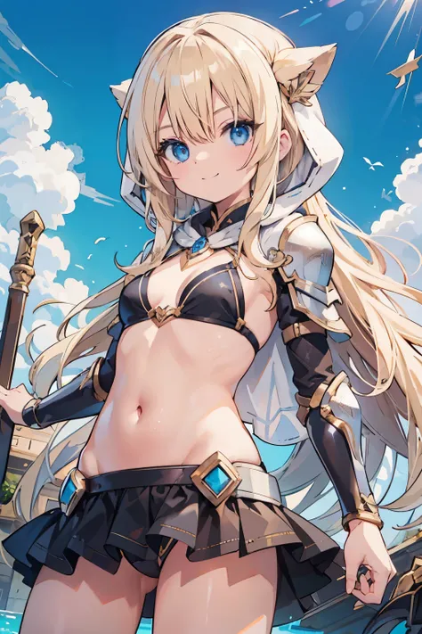 Bondama　blonde　noble long hair　Raking up hair　Vtuber wearing a hood　　blue eyes　eyes like diamonds　fluffy　black bikini armor　smile　cute　