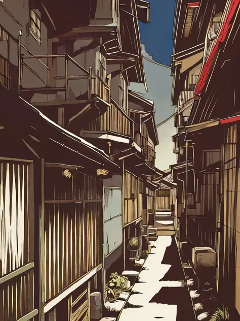 Japanese taste
Full color
Background is a narrow alley with houses and shrines
A lone shrine maiden stands on a staircase
There is a clock tower in the front.
Evening sunlight