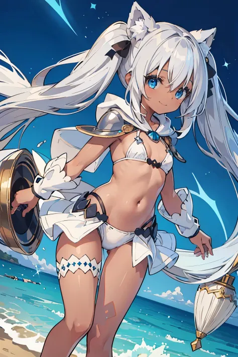 Bondama　silver hair　noble long hair　Raking up hair　Vtuber wearing a hood　brown skin　　blue eyes　eyes like diamonds　fluffy　White Bikini Armor　smile　cute　dark skin　twin tails