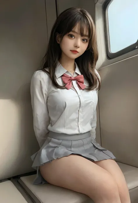 wearing short skirt、Alafid asian woman in bow tie sitting on train, cute schoolgirl, Japanese school girl uniform, wearing japanese school uniform, japanese school uniform, a hyperrealistic schoolgirl, Dress up as a schoolgirl, hyperrealistic schoolgirl, W...