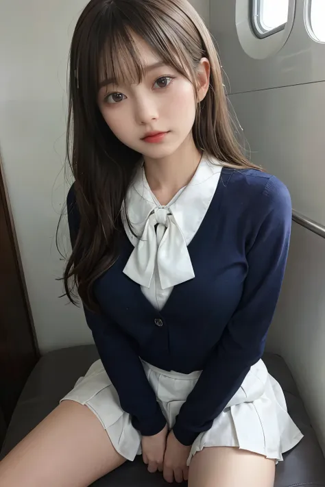 wearing short skirt、Alafid asian woman in bow tie sitting on train, cute schoolgirl, Japanese school girl uniform, wearing japanese school uniform, japanese school uniform, a hyperrealistic schoolgirl, Dress up as a schoolgirl, hyperrealistic schoolgirl, W...