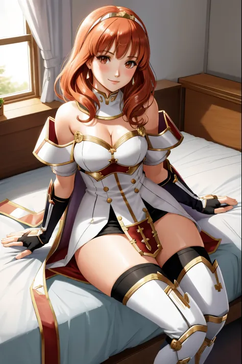 celica fe, 1girl, solo, looking at viewer, blush, sitting, wariza, on bed, seductive smile, cape, armor, dress, bare shoulders, ...