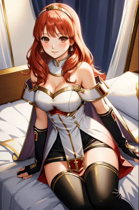 celica fe, 1girl, solo, looking at viewer, blush, sitting, wariza, on bed, seductive smile, cape, armor, dress, bare shoulders, ...