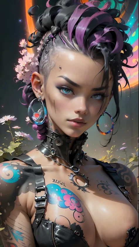 (masterpiece, top quality, best quality, official art, beautiful, cosmic, atmospheric, psychedelic, dreamlike and aesthetic:1.2), (1girl, black punk rock mohawk hair, tons of tattoos and piercings, super huge enormously gigantic tits), extreme detailed,(fr...