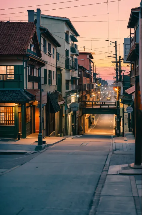 Studio Ghibli style port town at dusk