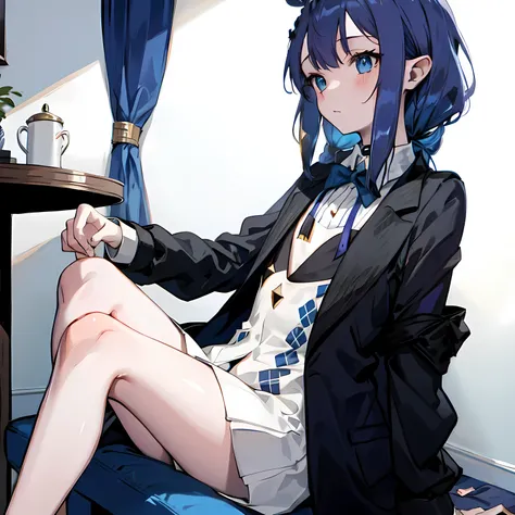 1 girl, (alone:1.2), ((masterpiece)), Slim, small breasts, pale skin, ((delicate eyes)), (bokeh effect), (dynamic angle), blue hair, ponytail, bow tie, sitting, blue eyes, ((Suit)), Tuxedo, Internal, Chair,