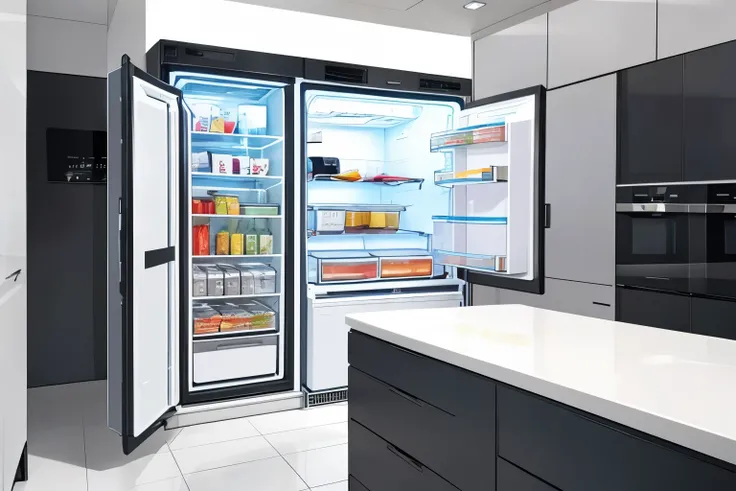 Smart refrigerator for offices，Silvery-white appearance，There is an ice maker outside，The refrigerator has a very large capacity，4 doors，Internal light adjustment，There is a staff-only storage area inside，There is also a touch screen on the outside of the ...