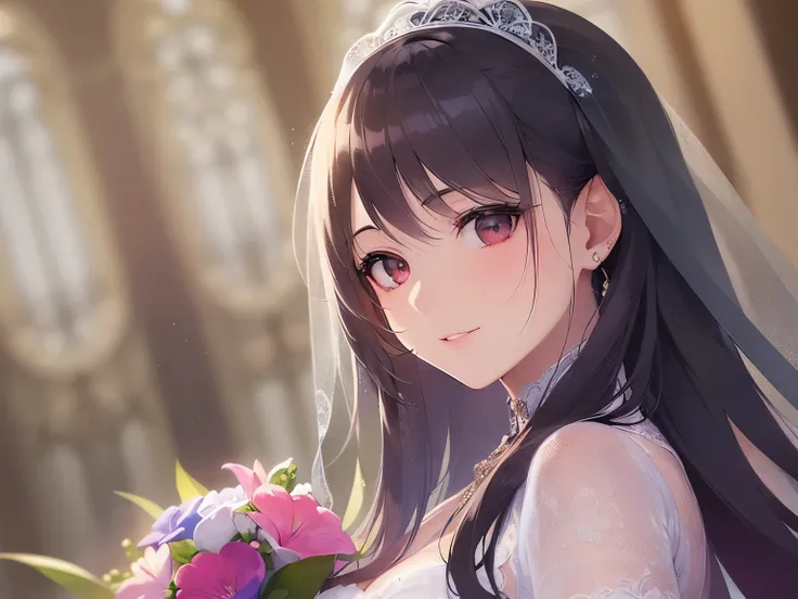 dutch angle, high quality、masterpiece、Realistic, real person, RAW photo, photorealistic, portrait photography, shiny skin, japanese idol、shiny hair、(25 year old woman with black bangs) and (long hair) and (red eyes), curvy, wedding veil、(short sleeve weddi...