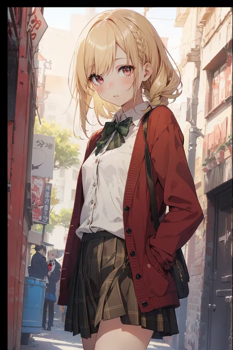 ((Masterpiece, Top Quality, High Resolution, UHD, Perfect Pixel, Depth of Field, 8k, RTX, HDR)), 1 Girl, Single, Solo, Beautiful Anime Girl, Beautiful Art Style, Rustic Anime Character, ((One Legs Bob, Medium Hair, Bangs, Blonde Hair Braids: 0 .5))), ((Dee...