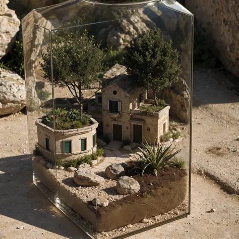 Matera landscape in a transparent glass box Matera soil realistic modeginal photo, best quality, masterpiece:1.4), (in a small nature glass box:1.3), Isometric, small nature, landscape on foundation of sassi_di_matera,