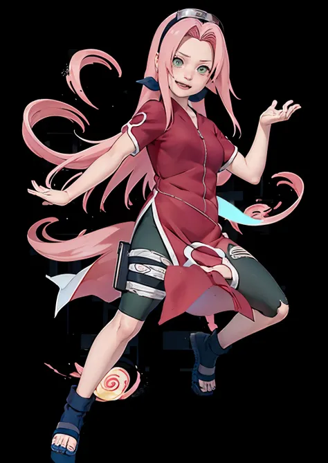 ((Masterpiece)), (detail), High quality, a girl in a red T shirts and black leggings, black yoga pants, haruno sakura, sakura haruno, sakura haruno in slug sage mode, from naruto, happy!!!, badass pose, two legs and thigh open, perfect face, pefect body, p...