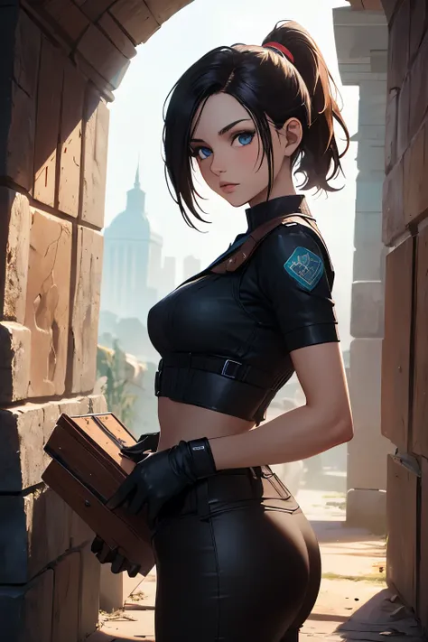 ((landscape of an ancient tomb)), a beautiful young explorer girl stands in the picture, ((wearing a Jill Valentine outfit)), long black hair in a ponytail