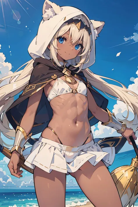 Bondama　blonde　noble long hair　Raking up hair　Vtuber wearing a hood　　blue eyes　eyes like diamonds　fluffy　White Bikini Armor　smile　cute　dark skin　brown skin　Abs Six Pack　fine