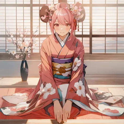 anime girl in kimono outfit sitting on floor with flowers in vase, in kimono, in kimono, wearing royal kimono, anime style 4k, (anime girl), cute anime girl, Cute anime wife in a nice dress, beautiful anime girl, anime moe art style, attractive anime girl,...