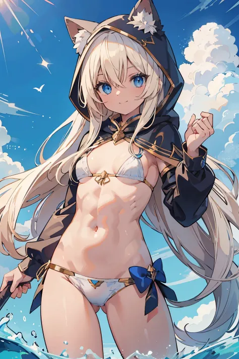 Bondama　blonde　noble long hair　Raking up hair　Vtuber wearing a hood　　blue eyes　eyes like diamonds　fluffy　White Bikini Armor　smile　cute　dark skin　Abs Six Pack