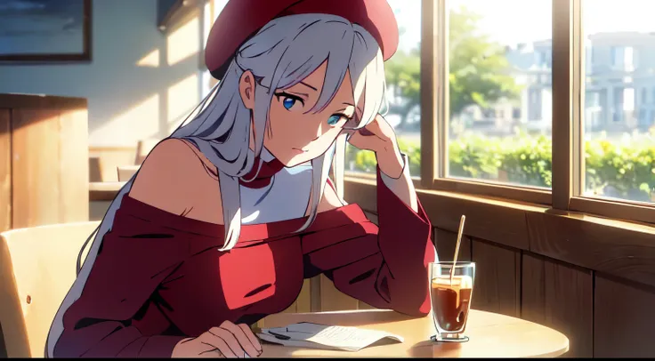 masterpiece, best quality, 1girl, mature lady, solo, (very long white hair), (hair between eyes), (red beret), light blue eyes, (black sleeveless turtleneck), (off shoulder red jacket), medium breast, sky, close up, calm, sit on cafe, windows